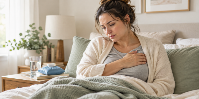 Mother resting in bed with one hand over her chest, looking uncomfortable, with a cold pack and glass of water nearby in a calm home setting.