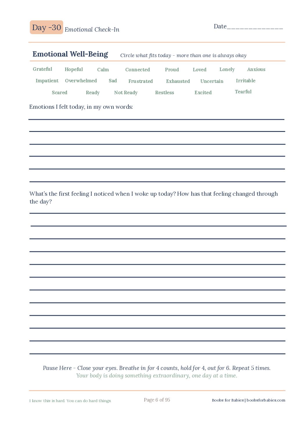 Sample prenatal emotional check-in page from the Bump to Baby Journal