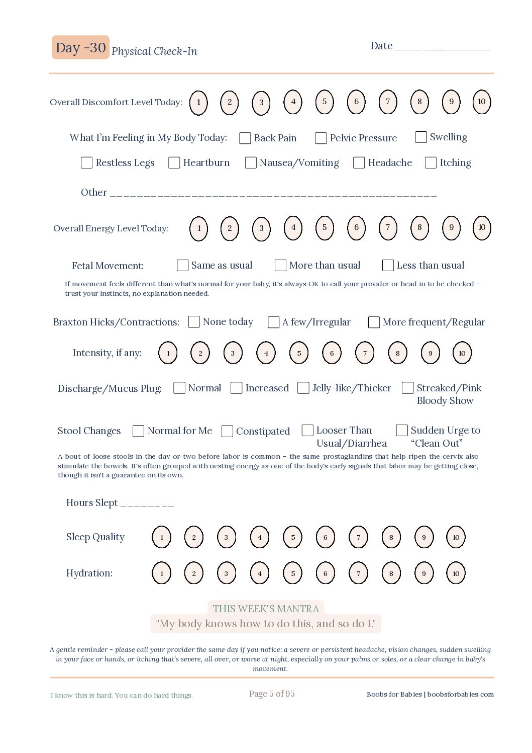 Sample prenatal physical check-in page from the Bump to Baby Journal