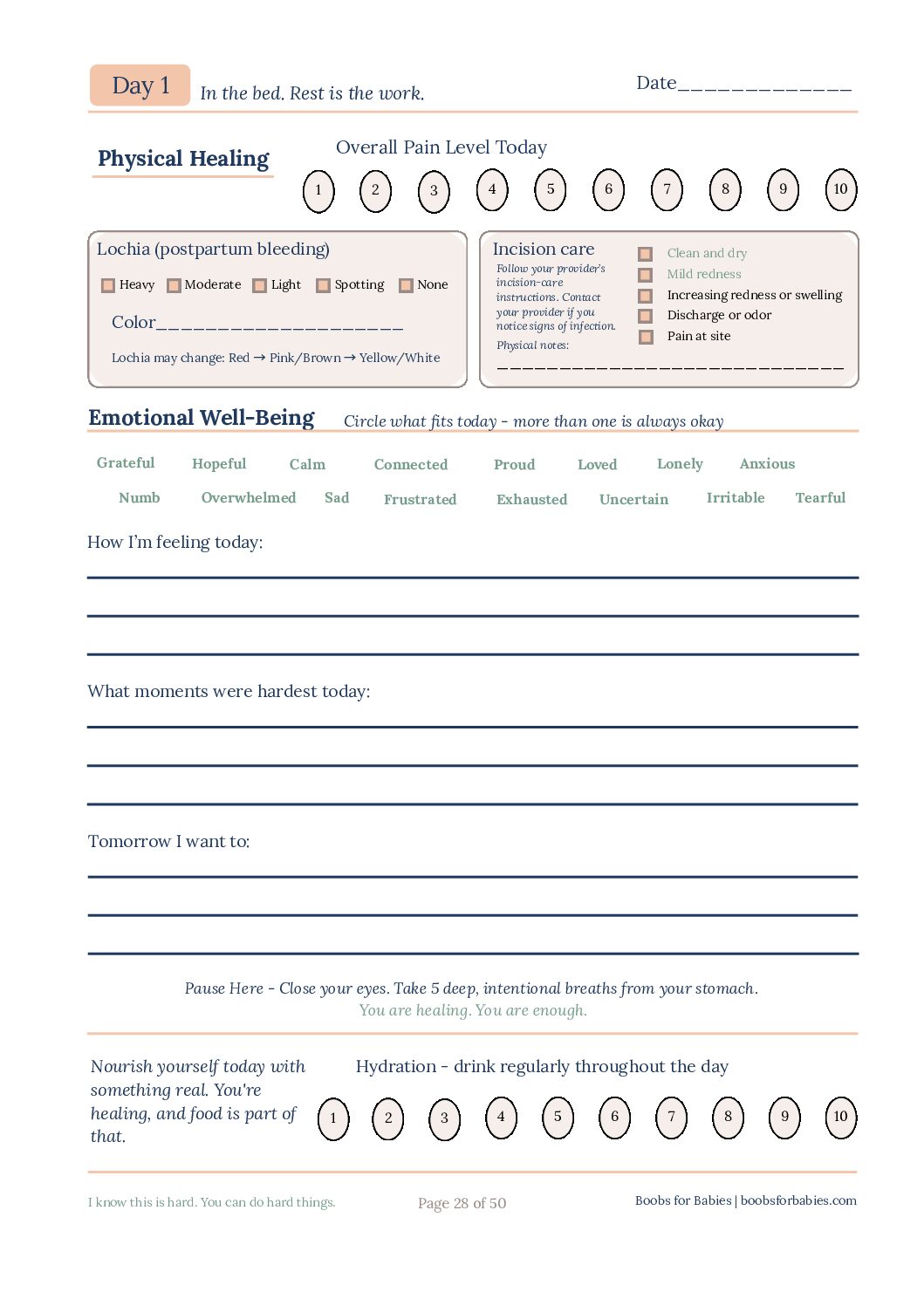 Sample cesarean postpartum recovery check-in page from the Bump to Baby Journal