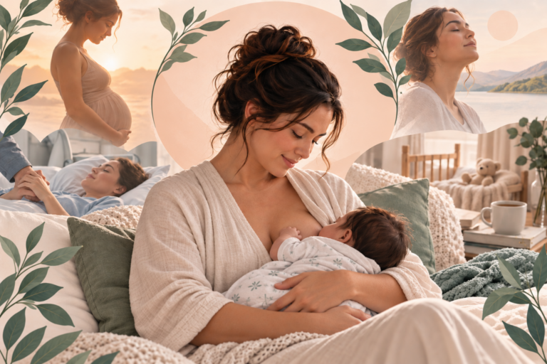 woman breastfeeding with images of pregnancy, birth, and emotional health around her