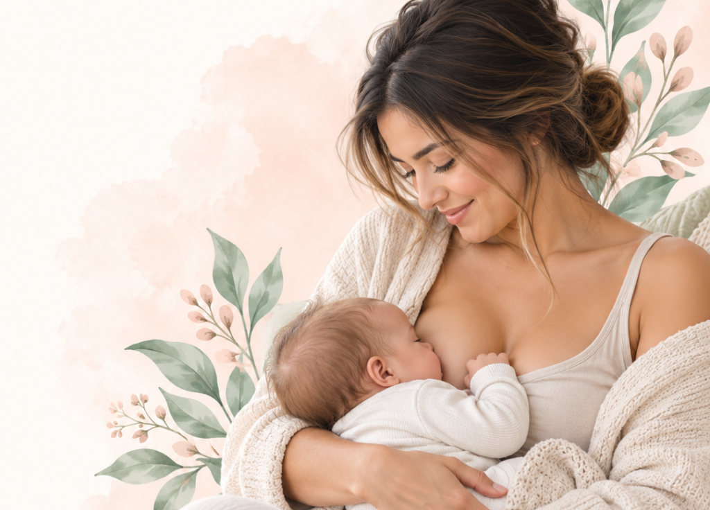 Mother breastfeeding her baby surrounded by soft botanical accents