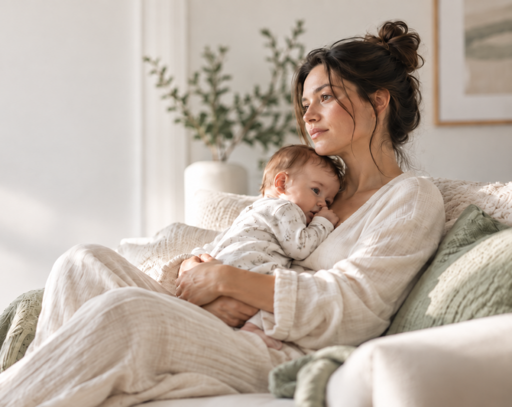 Mother holding her baby in a quiet, reflective moment at home