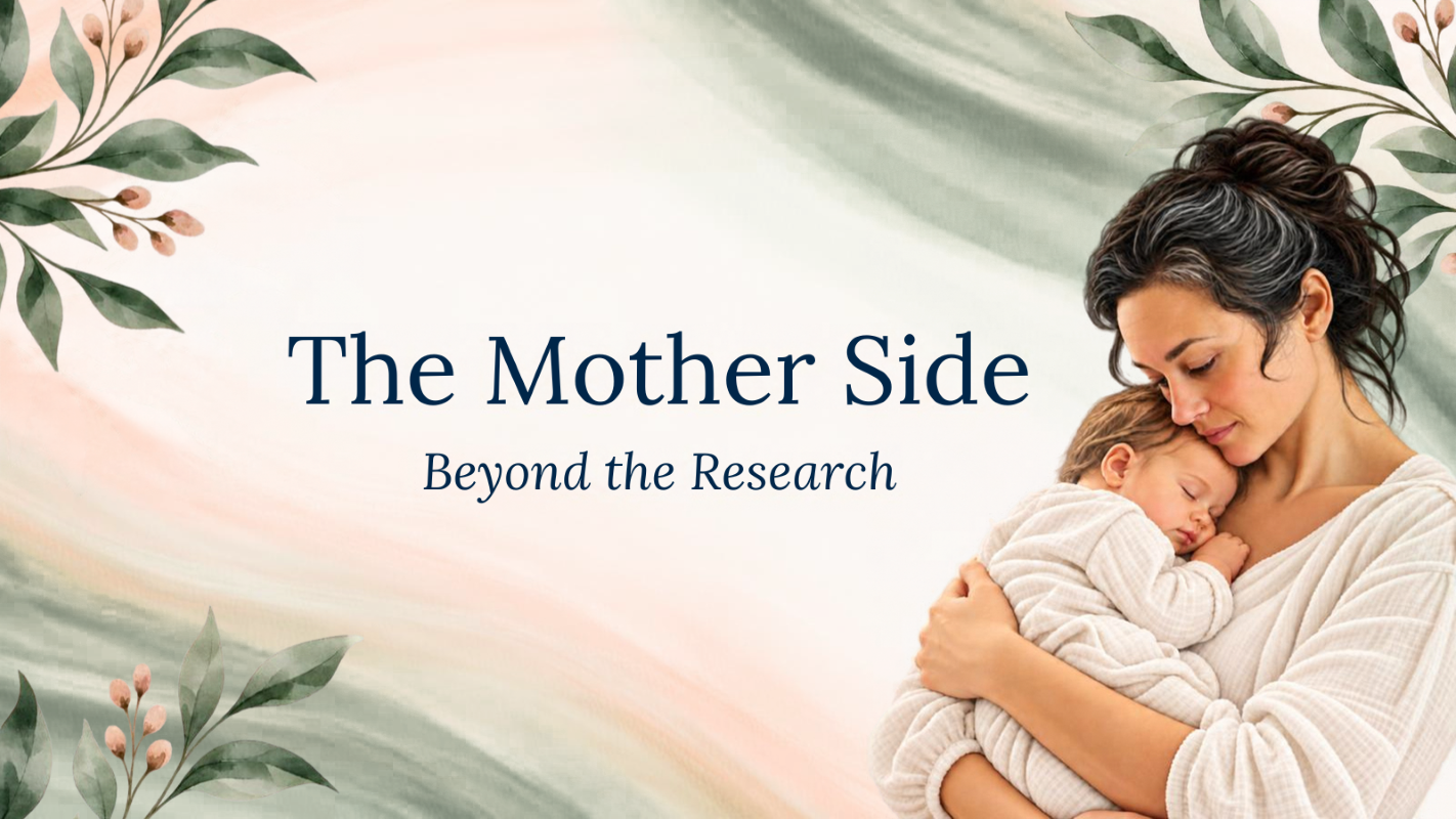 Illustration of a mother holding a sleeping baby, representing The Mother Side: Beyond the Research personal reflection series from Boobs for Babies.