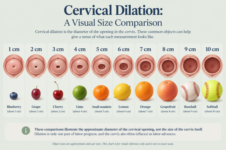 Cervical dilation chart showing openings from 1 to 10 centimeters, with familiar objects such as a blueberry, grape, lime, orange, baseball, and softball to illustrate approximate sizes during labor.