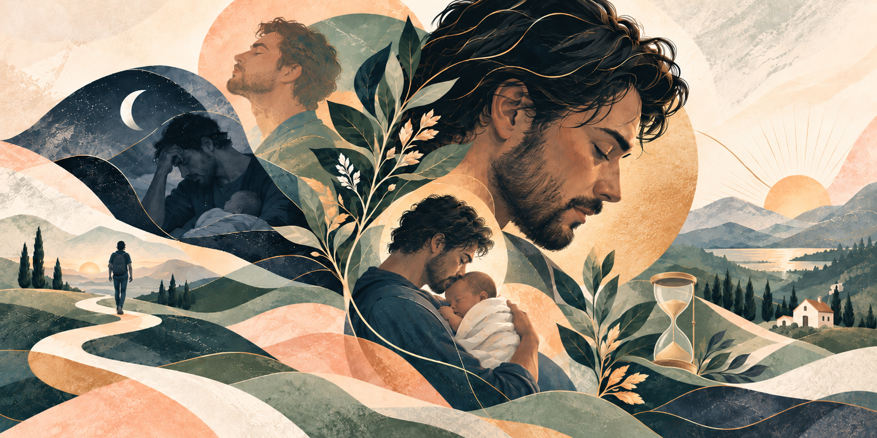Illustration of a father's journey into fatherhood: holding his newborn close, sitting with the baby at night, and walking a winding path, representing the emotional weight of fatherhood.